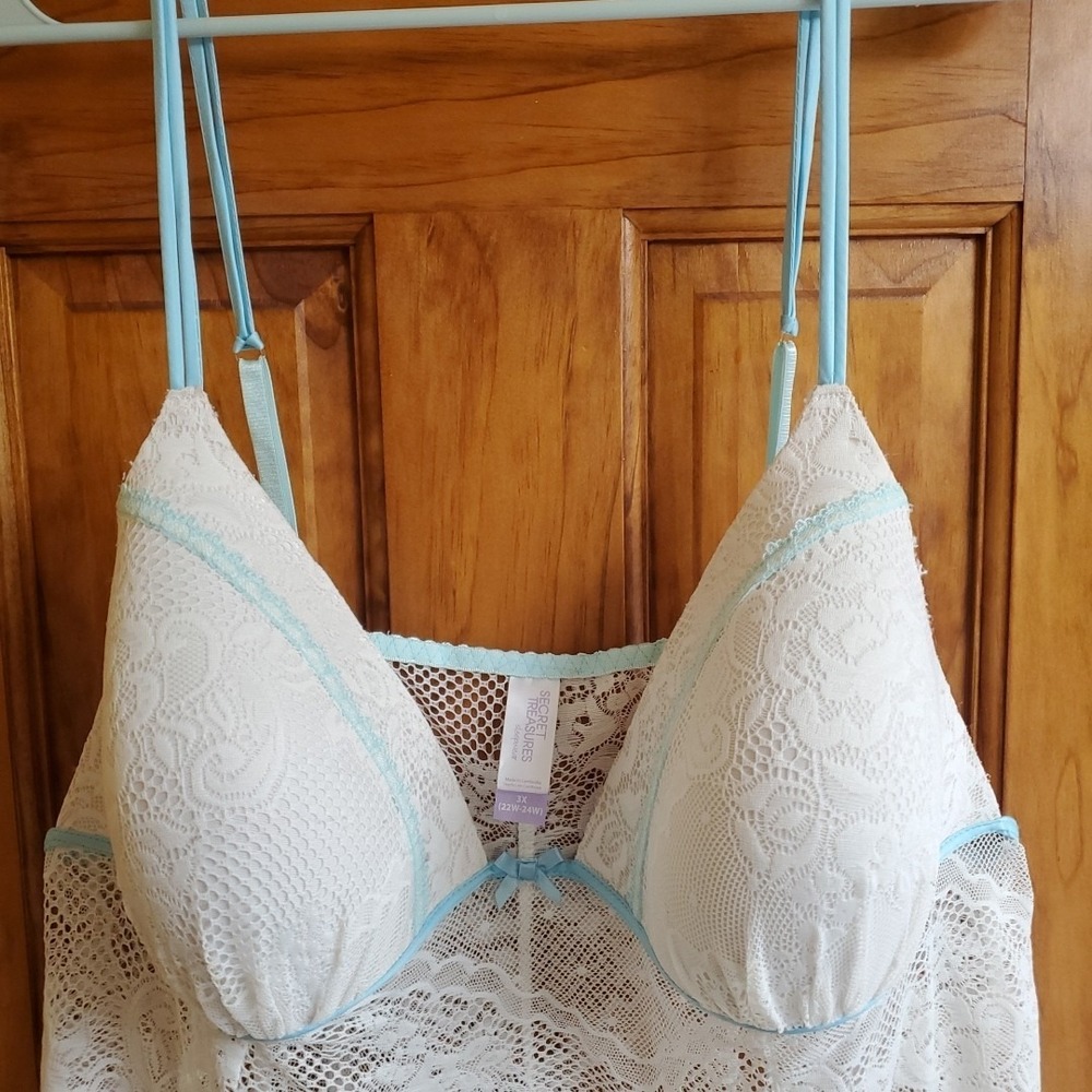 Secret Treasures 3X Babydoll Women White Blue Lace Ruffle Trim Lingerie Chemise